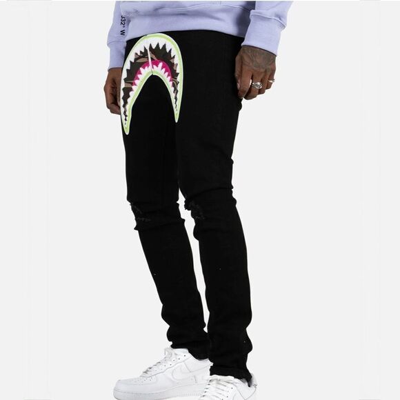 Eternity Camo Shark Mouth Neon Color Pop Denim Black Jeans Men’s Size 34 - Picture 5 of 12